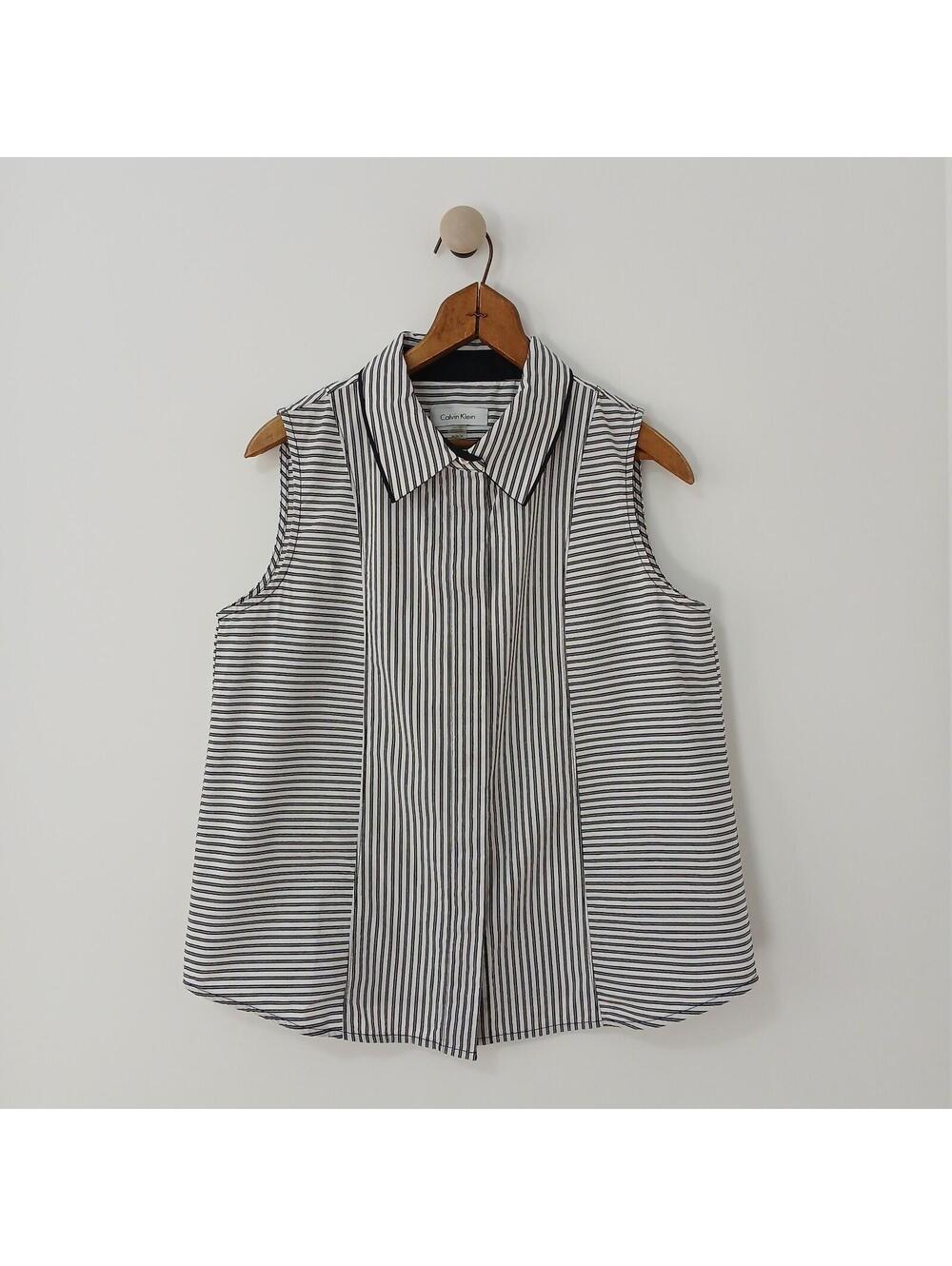 Calvin Klein Sleeveless Button Front Stripe Shirt Women Medium Cotton